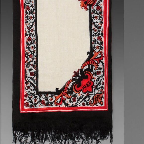 Alice TemperleyNijinsky Wool Scarf Red Black Fringe Boho Floral Paisley Sarong